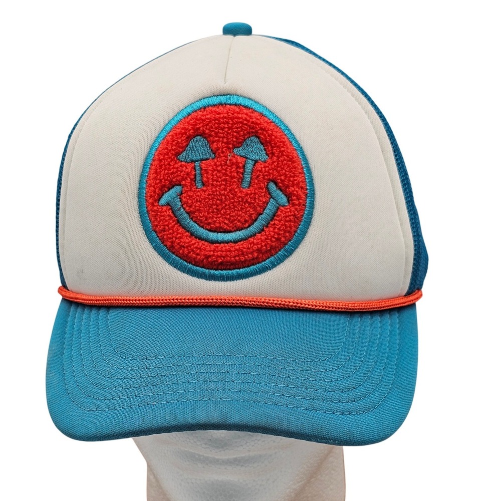 Happy Caps Co Trucker‎ Hat Smiley Face Mushroom Eyes Blue White Snapback Y2K Cap
